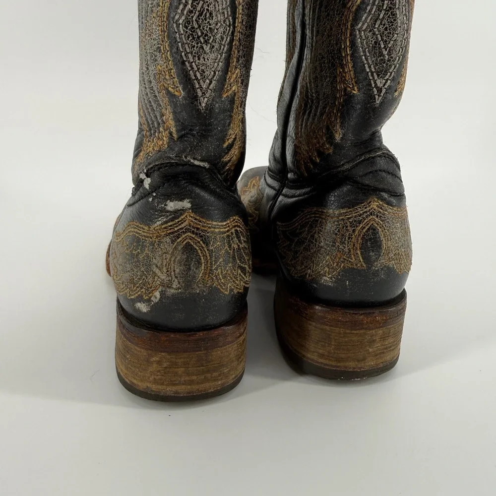 Corral Teens Girls A1032 Black Gold Winged Cross Western Boots Square Toe Size 3